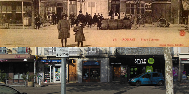 Hier et aujourd'hui : commerces, place d'Armes, en 1908