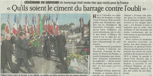 Le Dauphiné Libéré, 2 novembre 2012 : "Qu'ils soient le ciment du barrage contre l'oubli"
