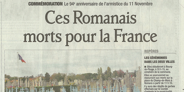 Le Dauphiné Libéré, 11 novembre 2012 : "Ces romanais Morts pour la France"