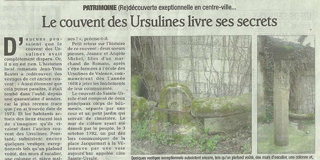 Le Dauphiné Libéré, 28 mars 2013 : "Le monastère de Sainte-Ursule livre ses secrets"