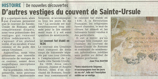 Le Dauphiné Libéré, 2 décembre 2013 : "D'autres vestiges du monastère de Sainte-Ursule"