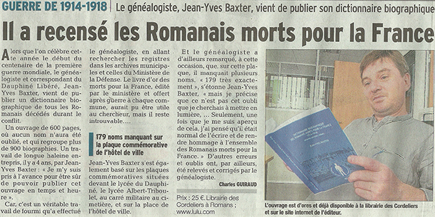 Le Dauphiné Libéré, 15 juin 2014 : "Il a recensé les romanais Morts pour la France"