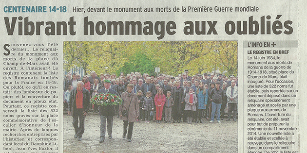 Le Dauphiné Libéré, 12 novembre 2014 : "Vibrant hommage aux oubliés"